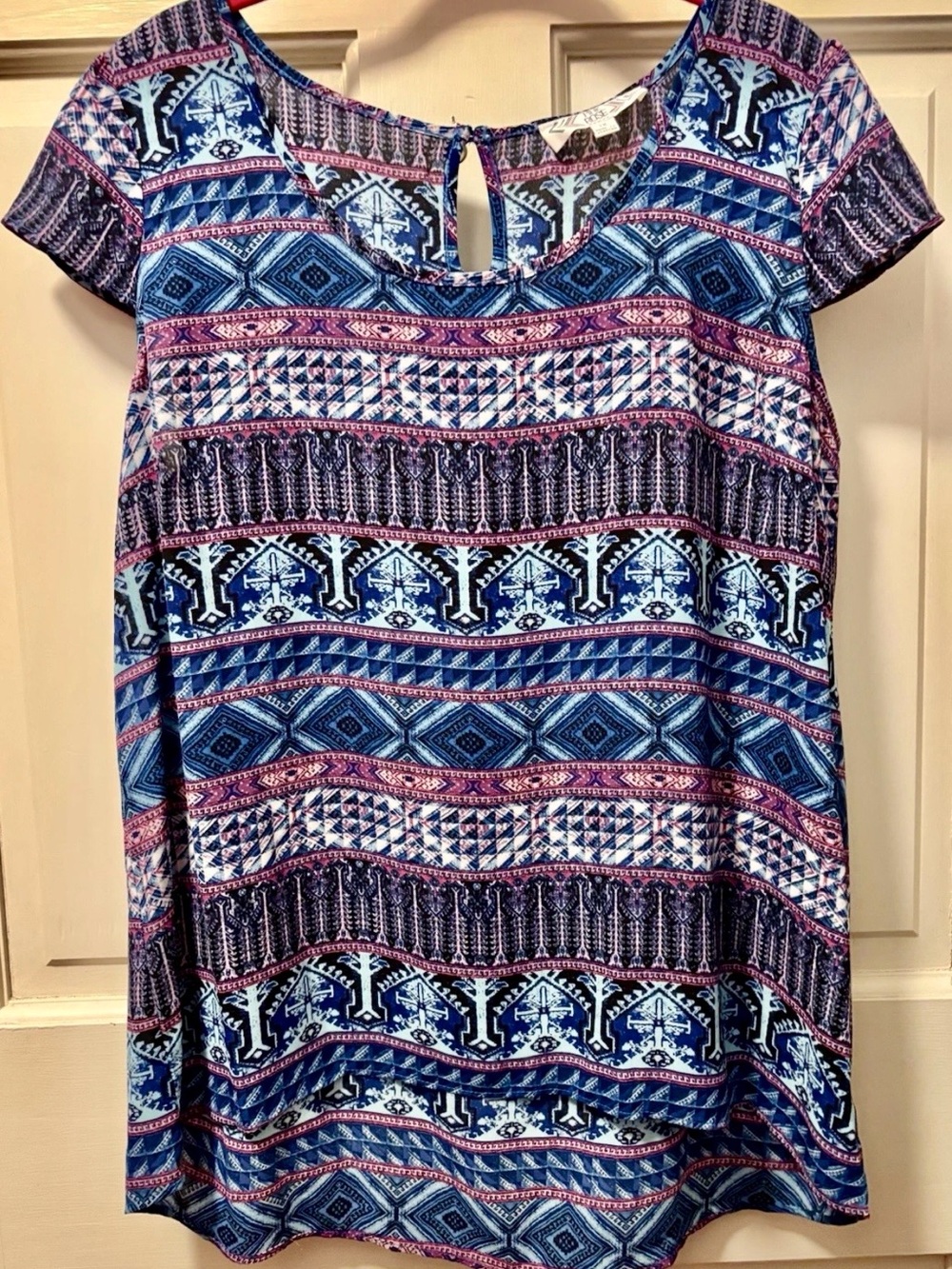 Pink Rose Blue, Purple & Pink Geometric Print Short Sleeve Tunic